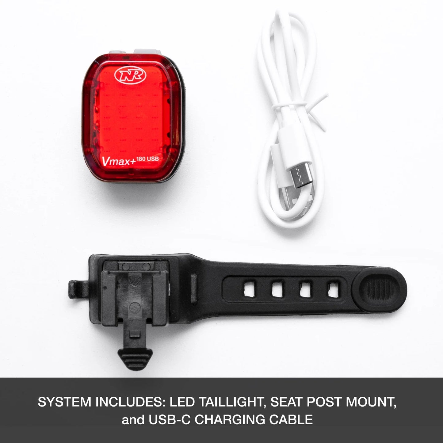 Red Niterider vmax 180 tail light, usb-c charging cable, and seat post mount included in box
