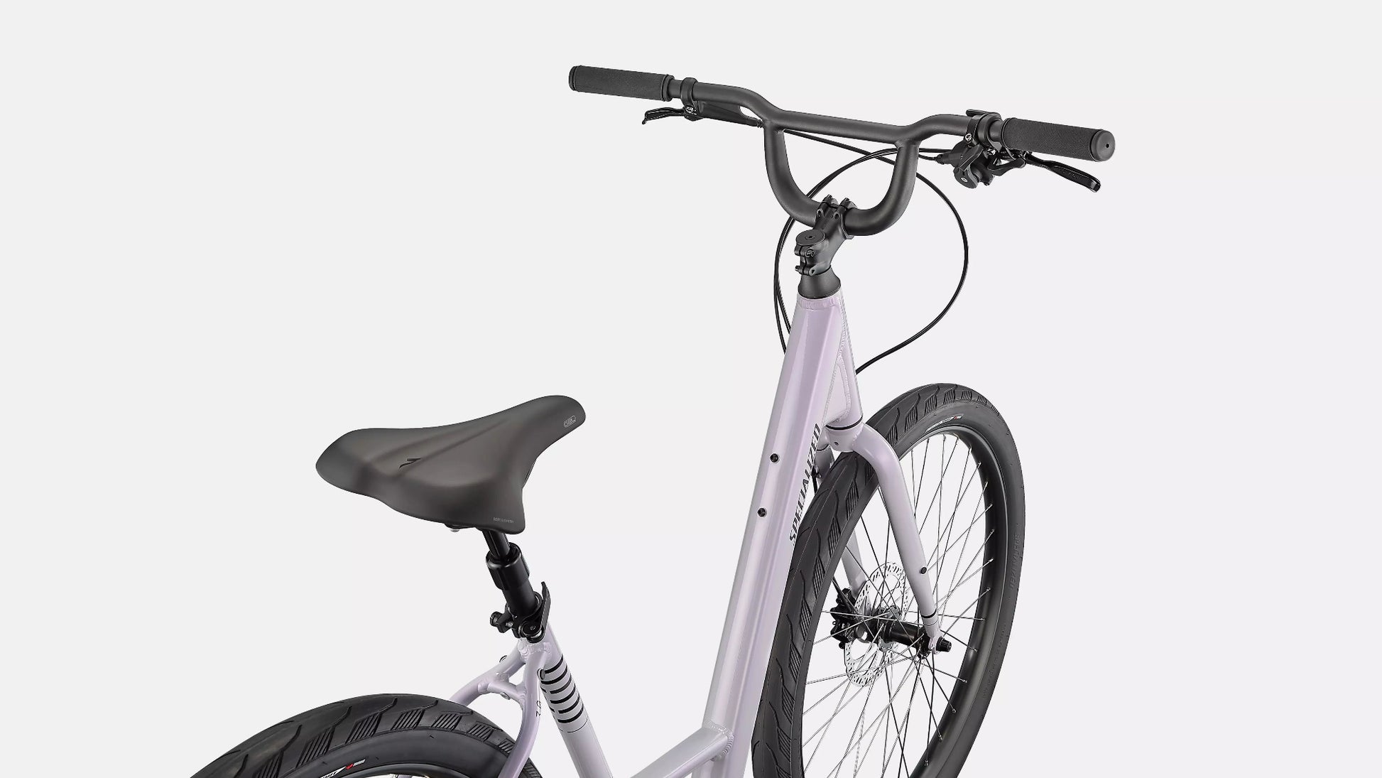 GREY TONED LILAC bicycle with black  COMFORT seat and HI RISE handlebars on a white background