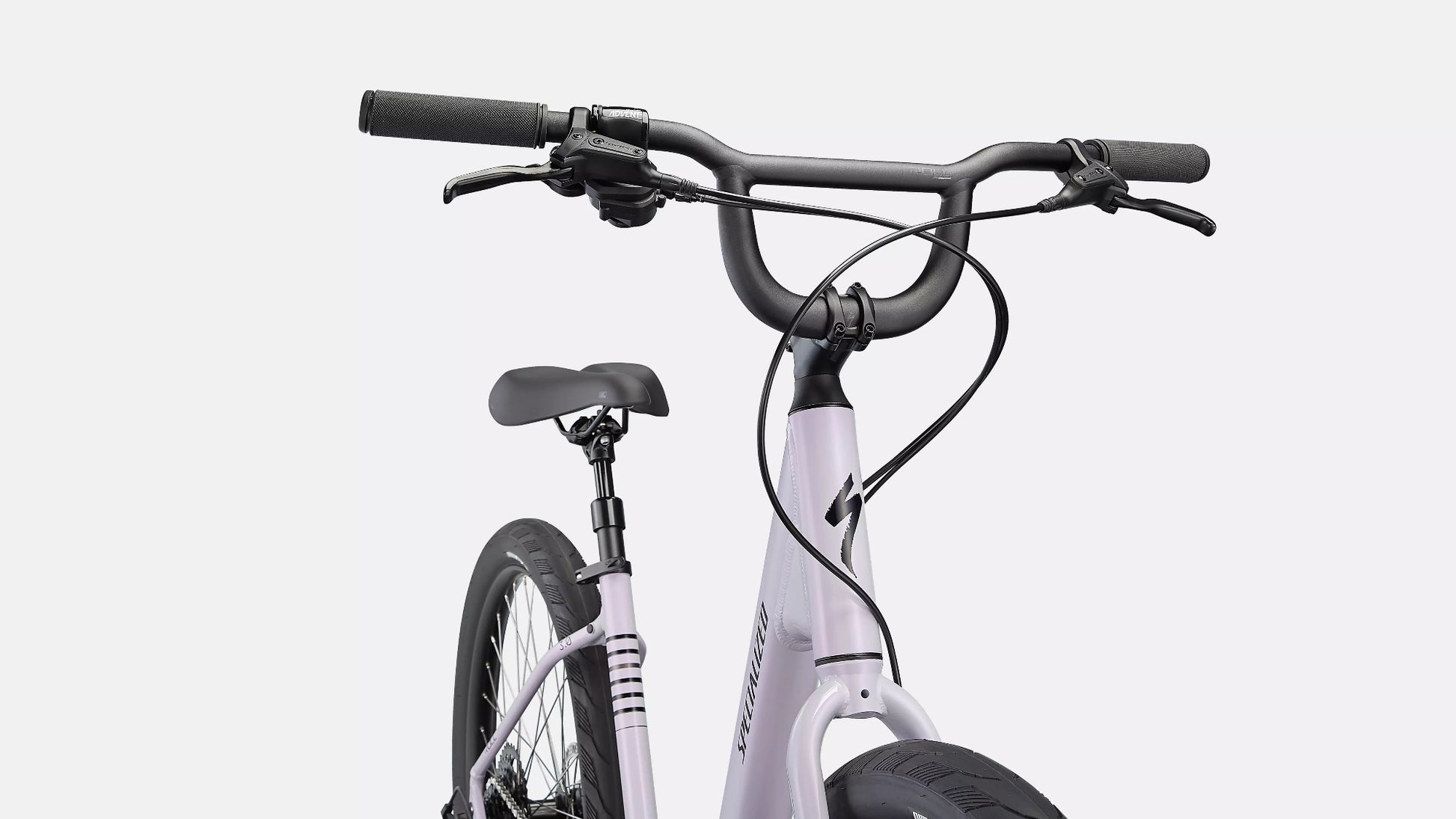 GREY TONED LILAC bike with black UPRIGHT handlebars and COMFORT seat on a light gray background