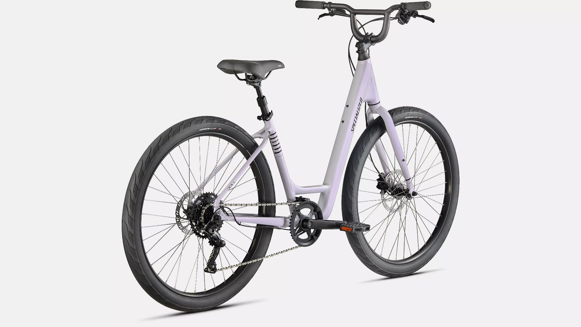 GREY TONED LILAC bicycle on a light gray background - REAR VIEW