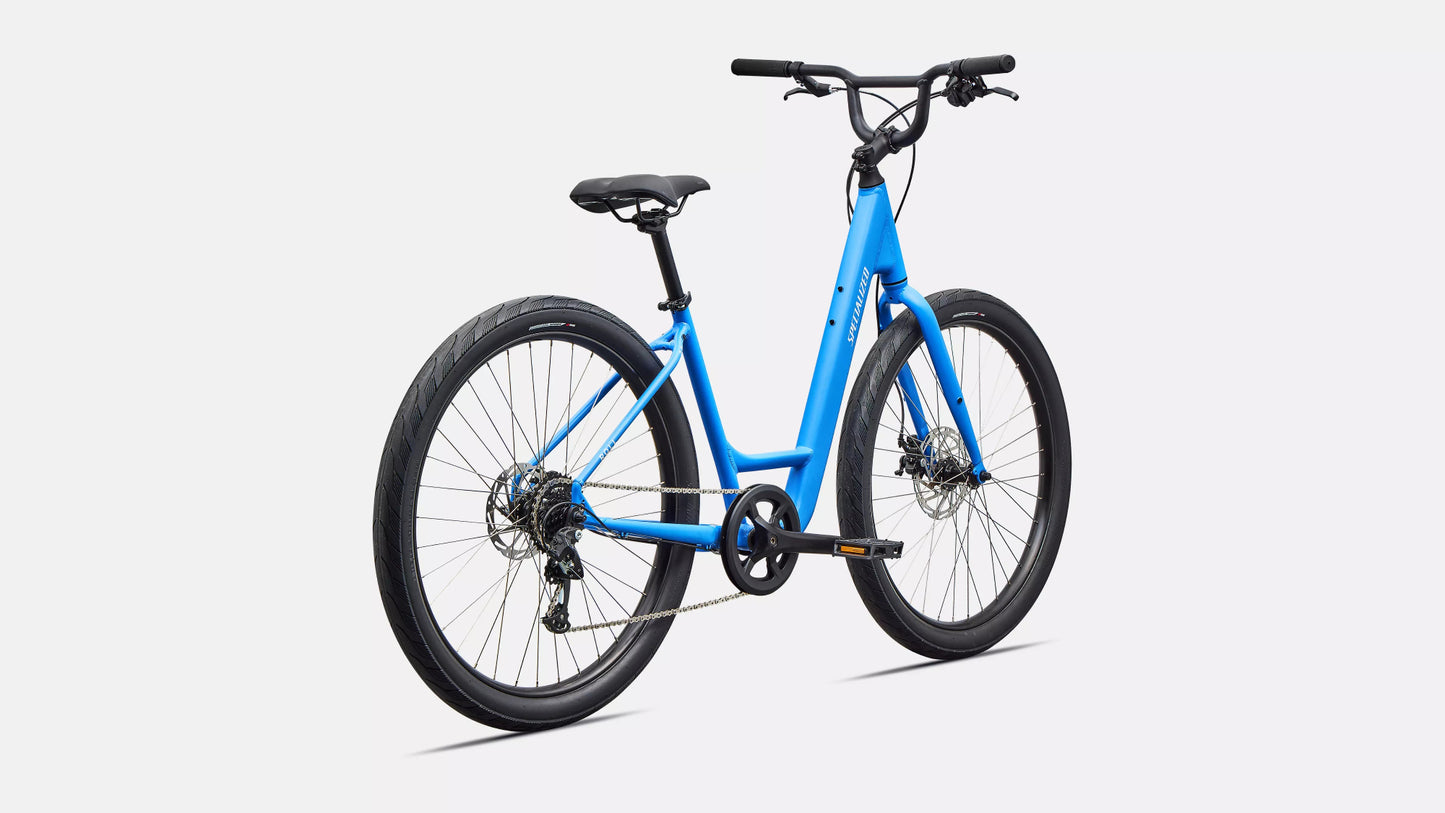 Specialized Roll 2.0 Low-Entry comfort bike in gloss sapphire blue with step-through frame - Rear View