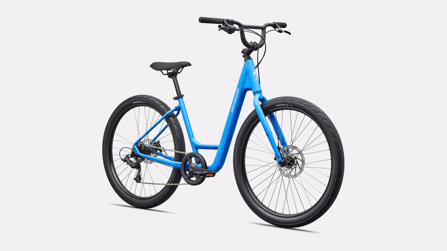 Specialized Roll 2.0 Low-Entry comfort bike in gloss sapphire blue with step-through frame - Front View