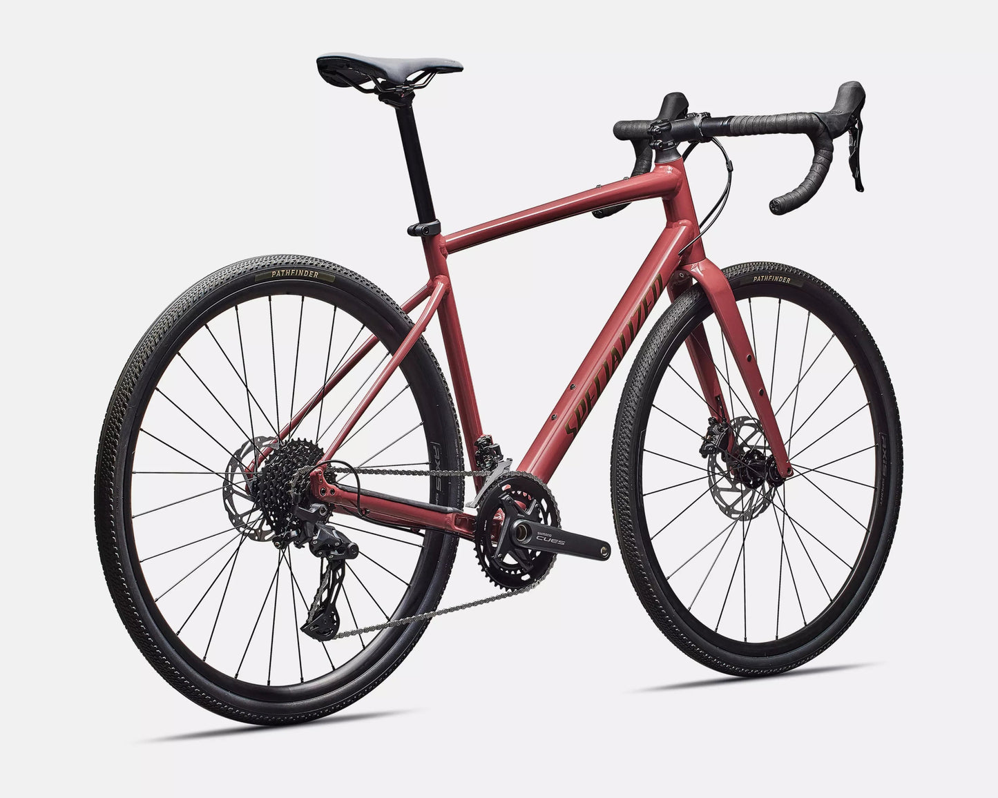 Specialized Diverge E5 Spice rear 3/4 view showing Shimano drivetrain, hydraulic disc brakes and gravel tires