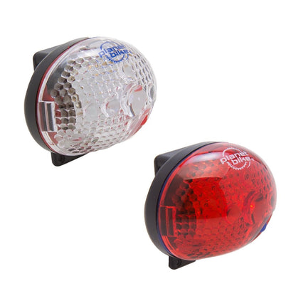 Compact front and rear bike lights with clip mounts