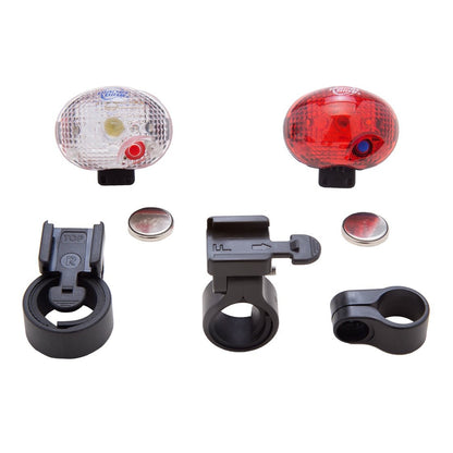 Set of bicycle lights including front and rear lights with mounting brackets on a white background.