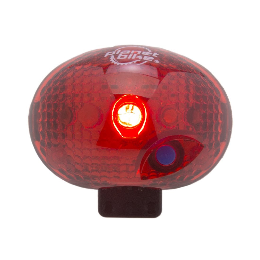 Red bicycle tail light with 'Planet Bike' branding on a white background