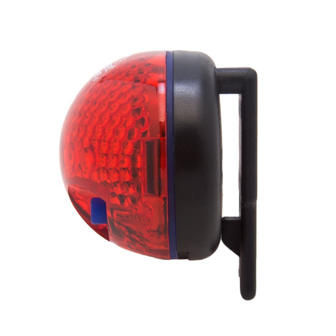 Red bicycle tail light with black casing on a white background