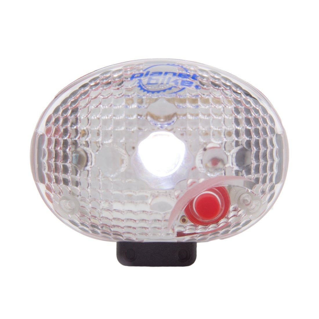 Clear dome light with red button and 'Planet Bike' branding on a white background