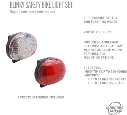 Blinky safety bike light set with features listed on a white background