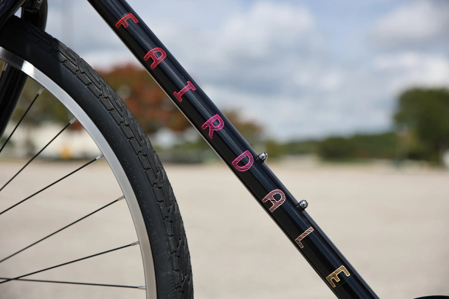 Closeup of Fairdale branding on bike frame