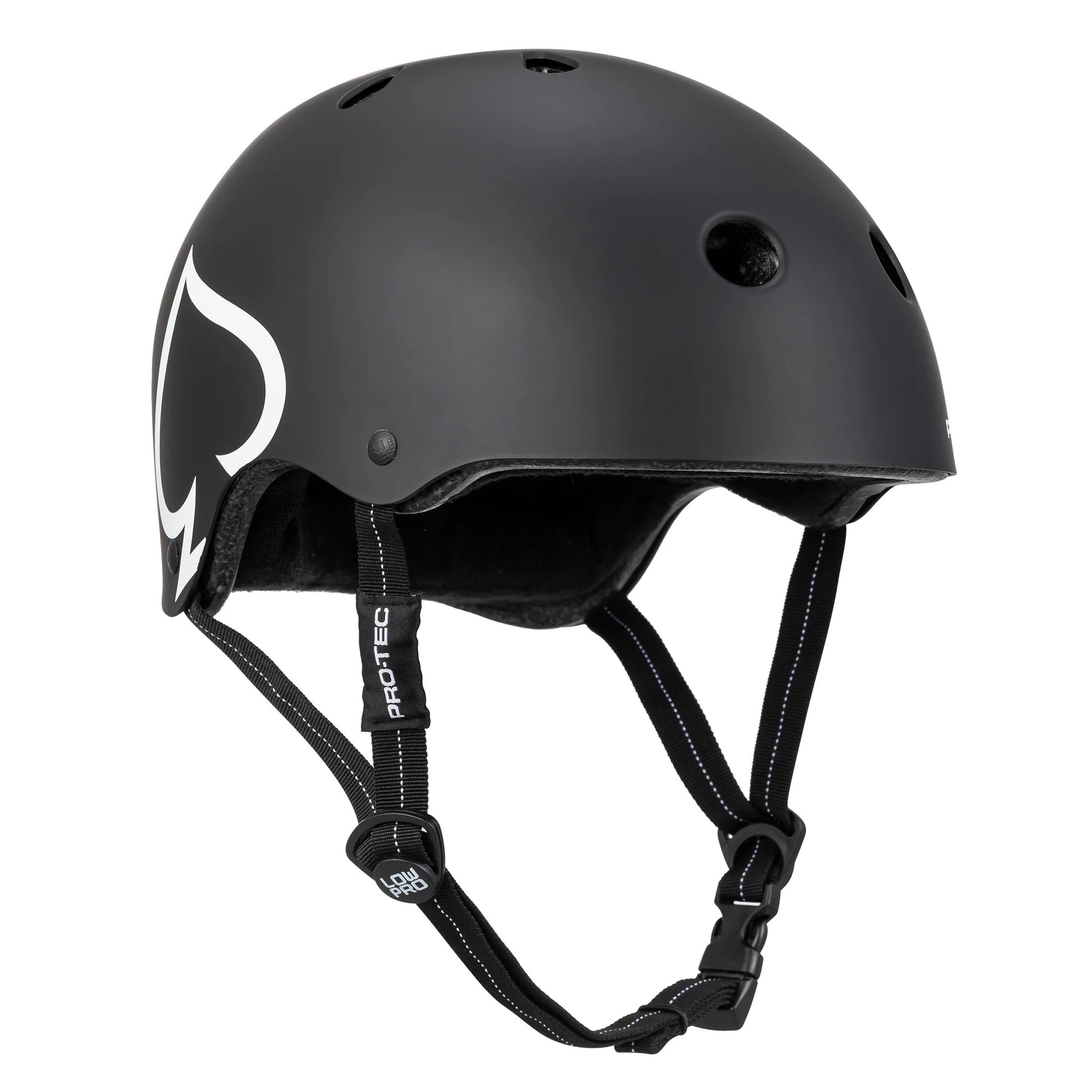 Black Pro-Tec helmet with a white logo on a white background