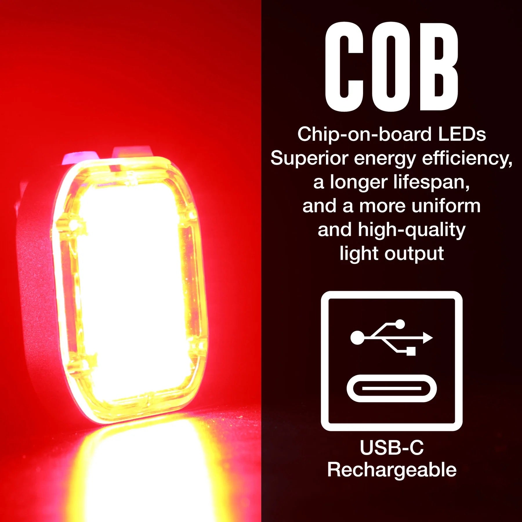USB-C rechargeable LED light with COB chip-on-board LEDs . usb-c rechargeable