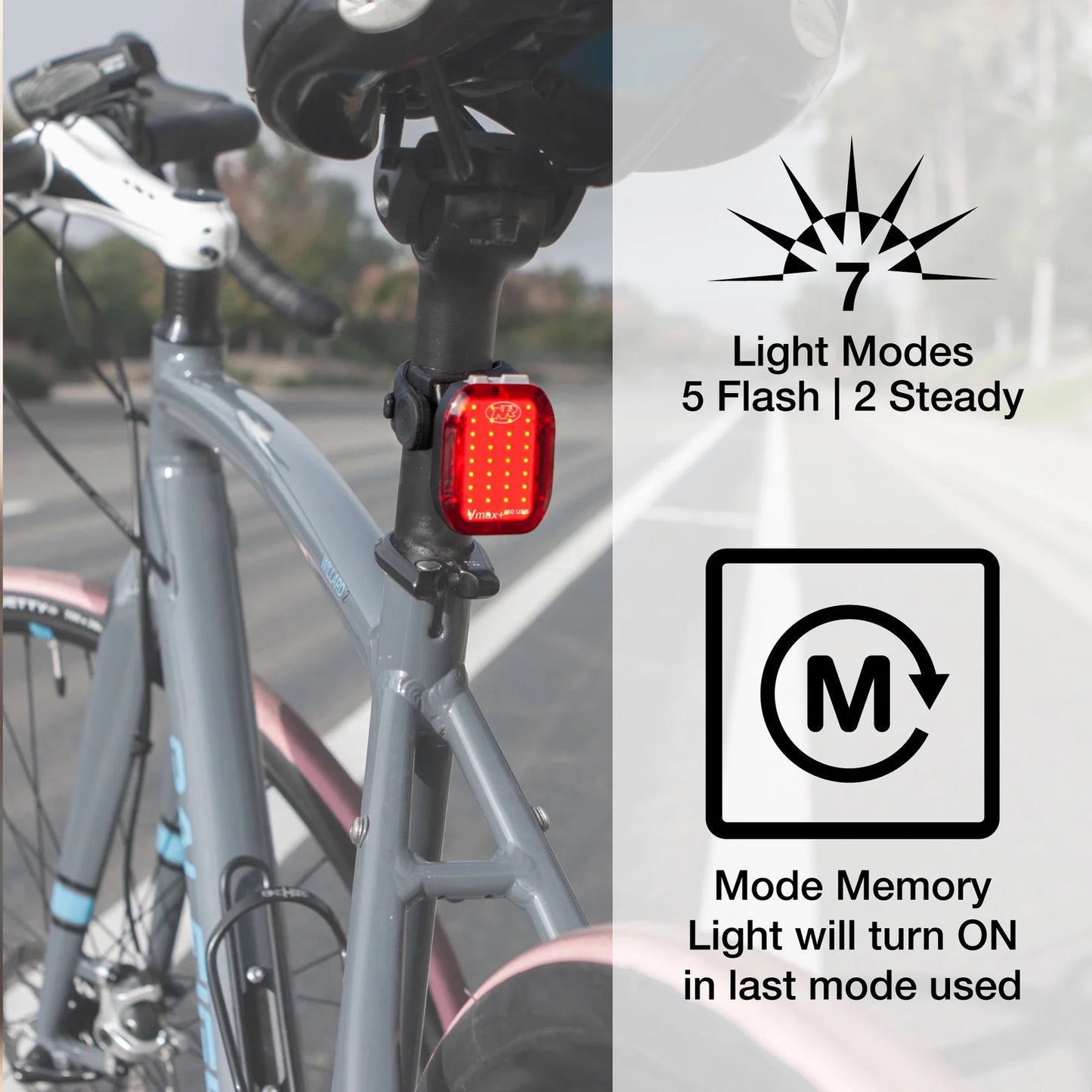 Niterider max 180 Bicycle tail light with mode memory feature 7 light modes