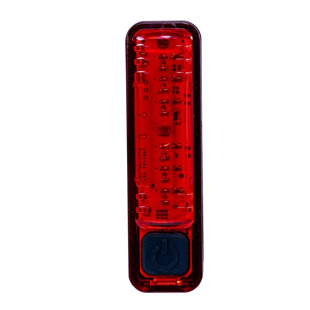 Red rectangular LED bicycle tail light on a white background