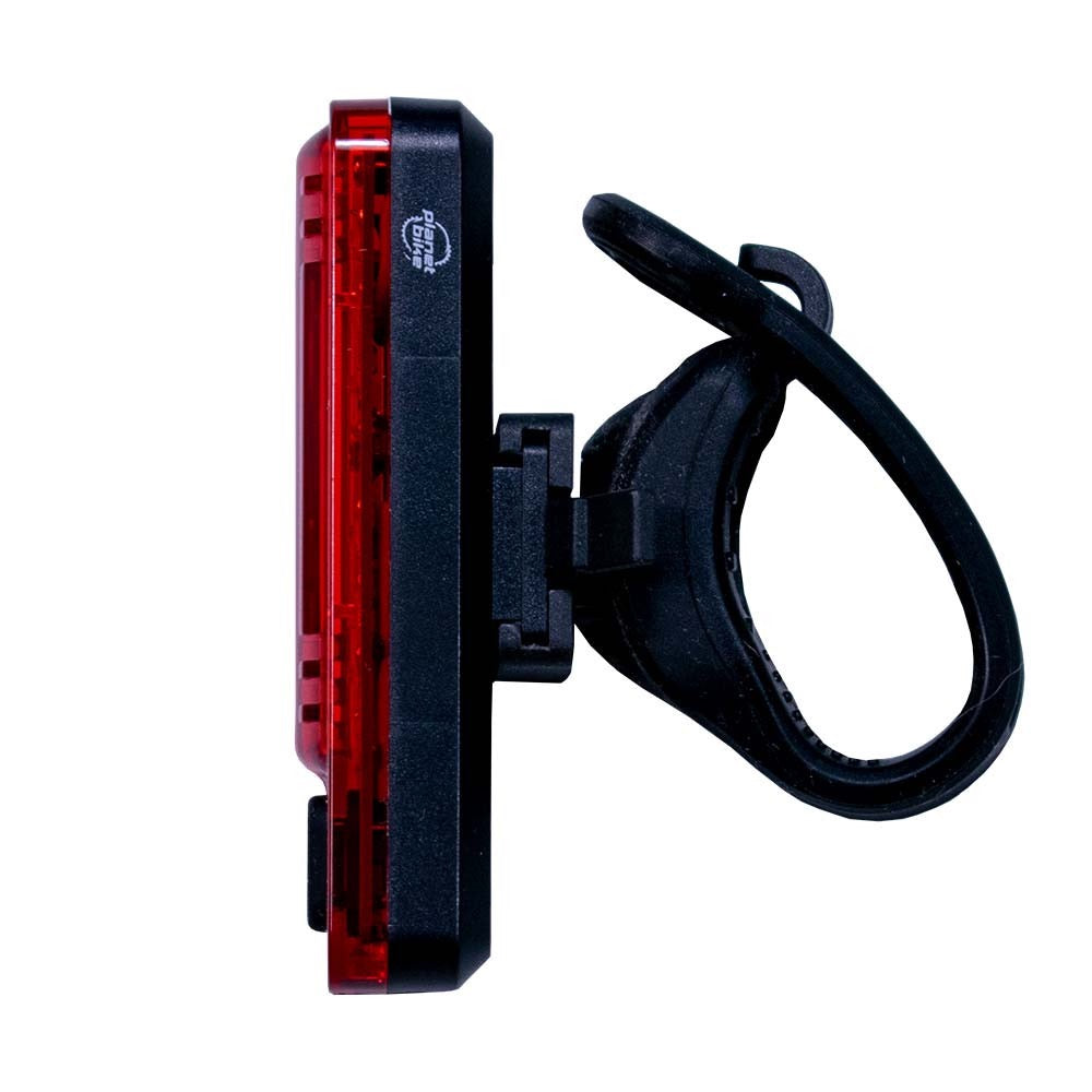 Planet bike bicycle tail light with red lens and black strap on a white background