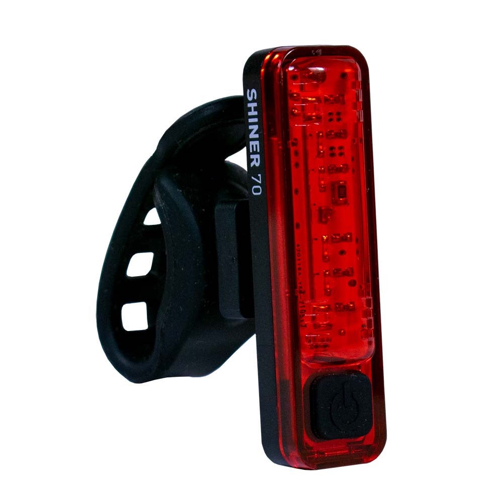 Planet Bike Shiner 70 Red bike tail light with black backing on a white background