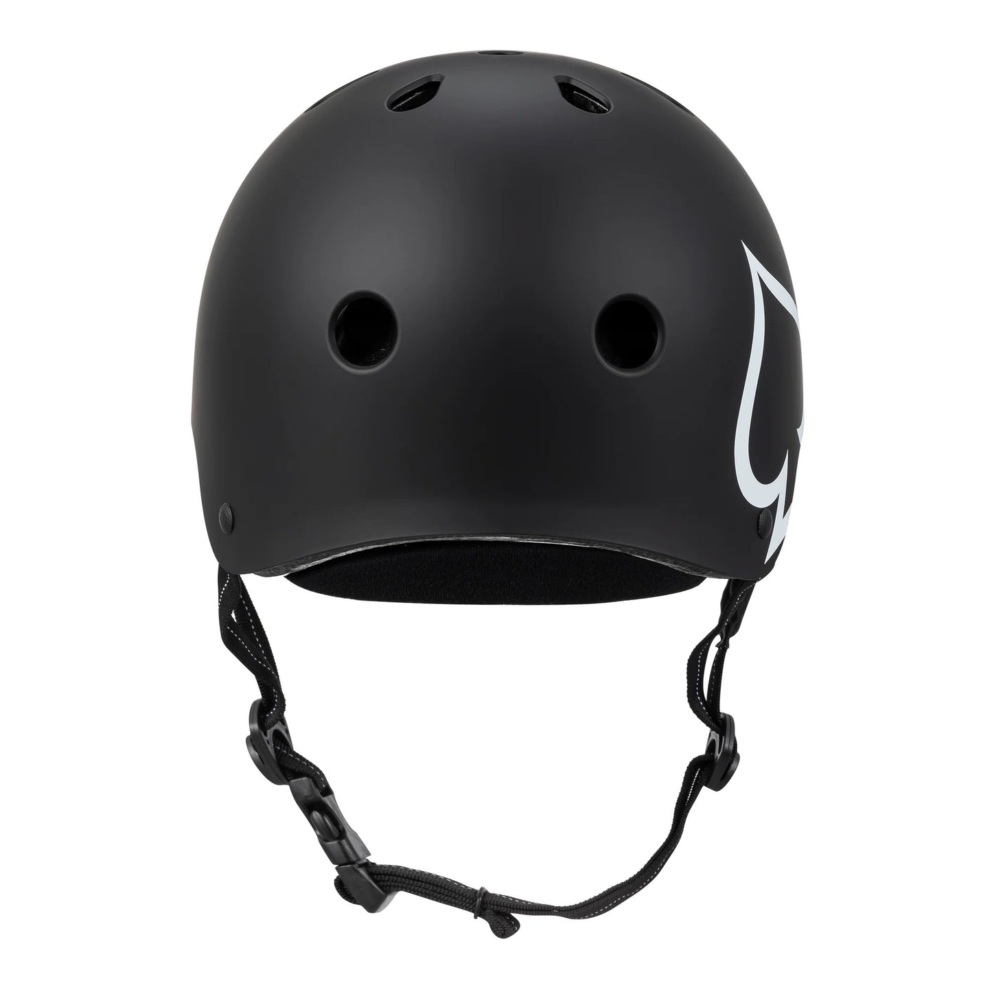 Black helmet with a white logo on a white background