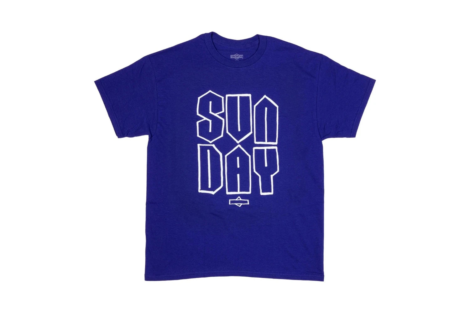 Front view of Sunday Cool S t-shirt. T-shirt is a bright royal blue with SUNDAY lettering and small logo screen-printed on center front. Lettering is stacked SUN, DAY, on top of small logo.