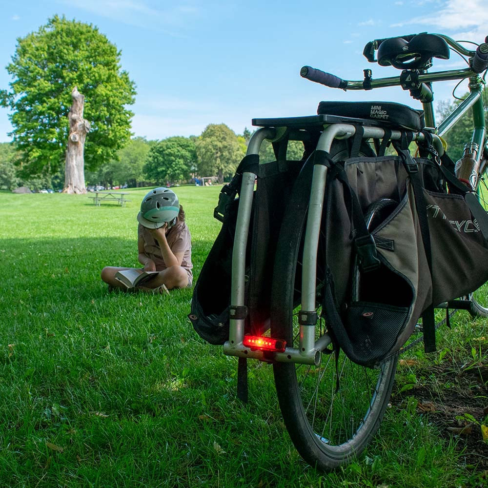 Person sitting on grass next to a bicycle with a shiner 70 bike taillight mounted to cargo rack.