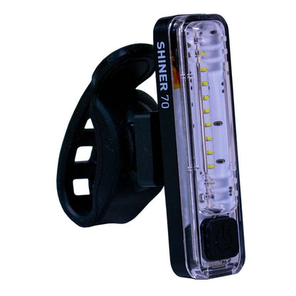 Bicycle light with 'Shiner 70' branding on a white background