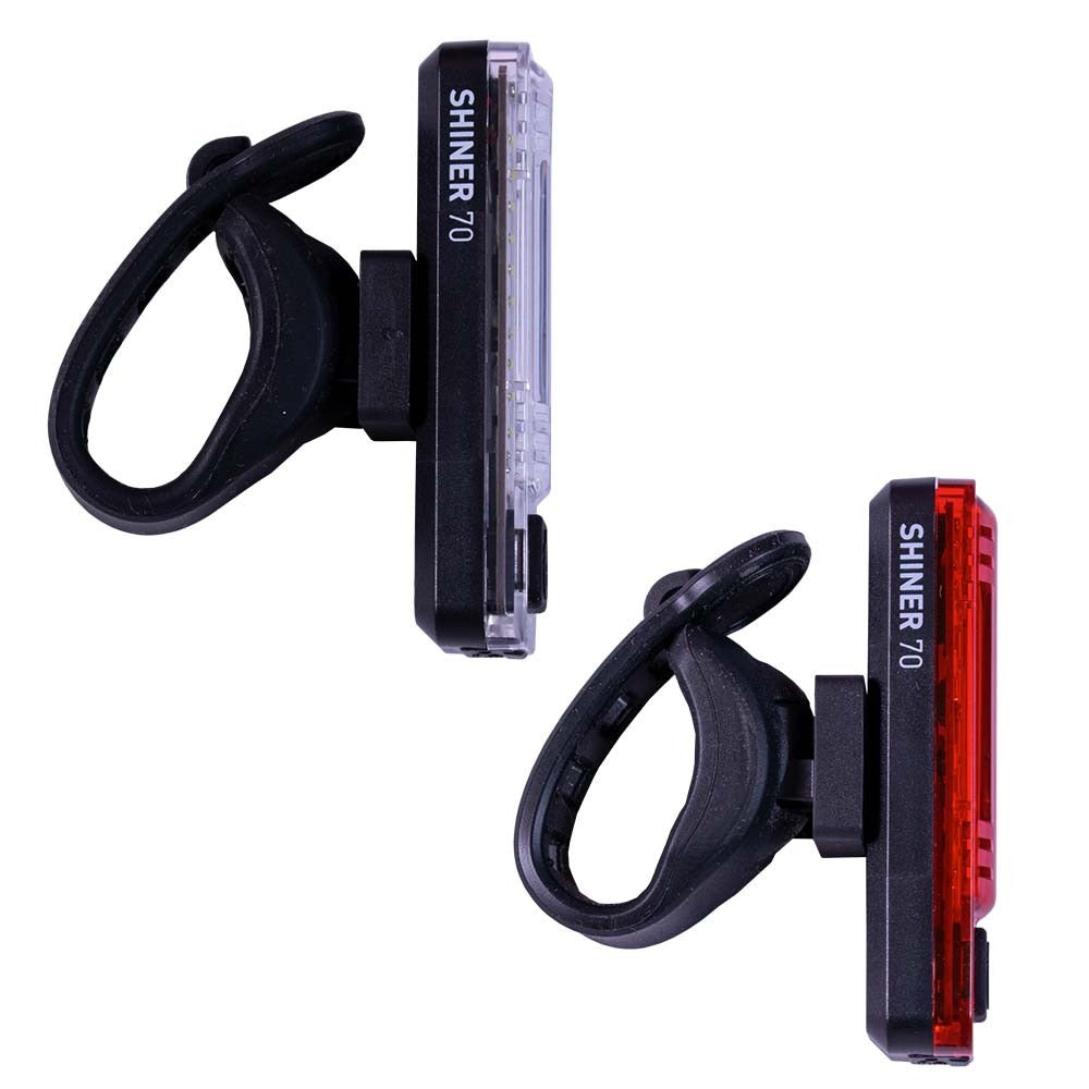 Side view of two bicycle lights with 'Shiner 70' branding on a white background