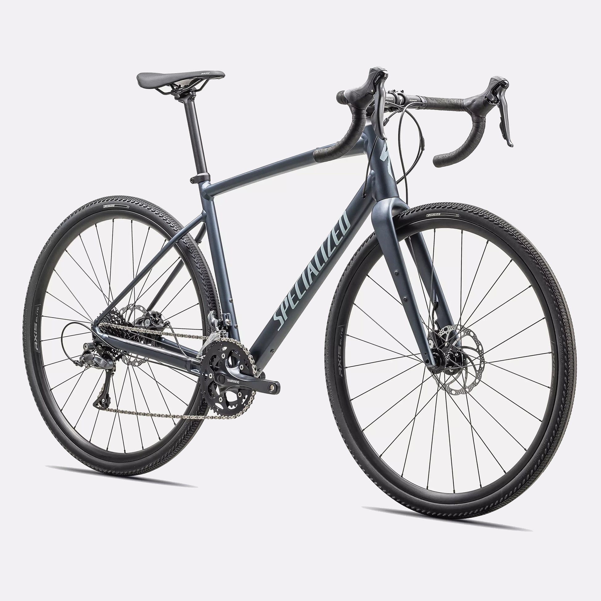 Specialized Diverge E5 gravel bike in Cast Blue Metallic, front 3/4 view with carbon fork, disc brakes and drop bars