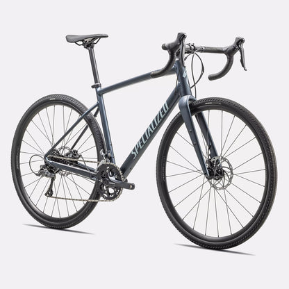 Specialized Diverge E5 gravel bike in Cast Blue Metallic, front 3/4 view with carbon fork, disc brakes and drop bars