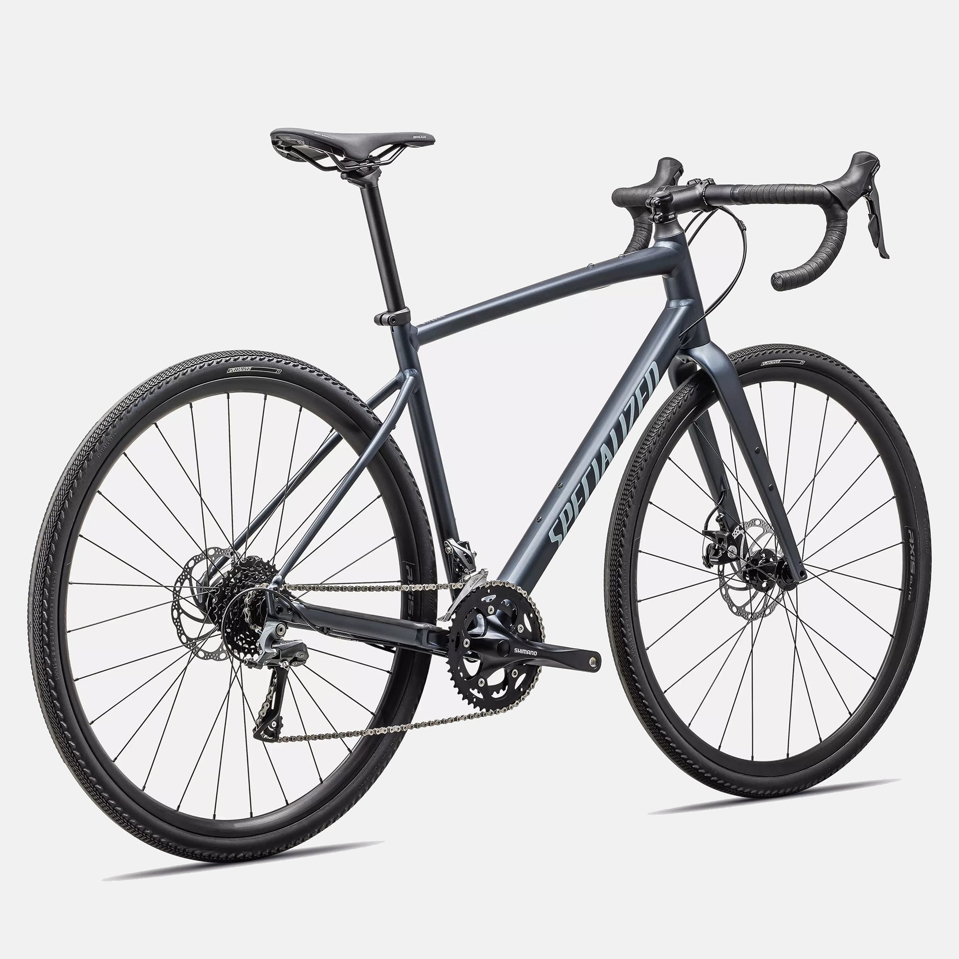 Specialized Diverge E5 Cast Blue Metallic rear 3/4 view showing Shimano drivetrain, gravel tires and disc brakes