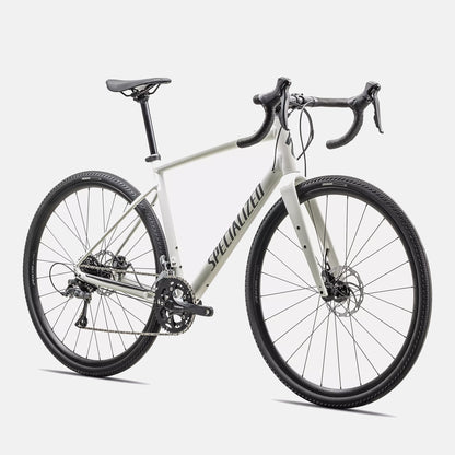 Specialized Diverge E5 gravel bike in Dune White and Ash Grey front 3/4 view with carbon fork and disc brakes
