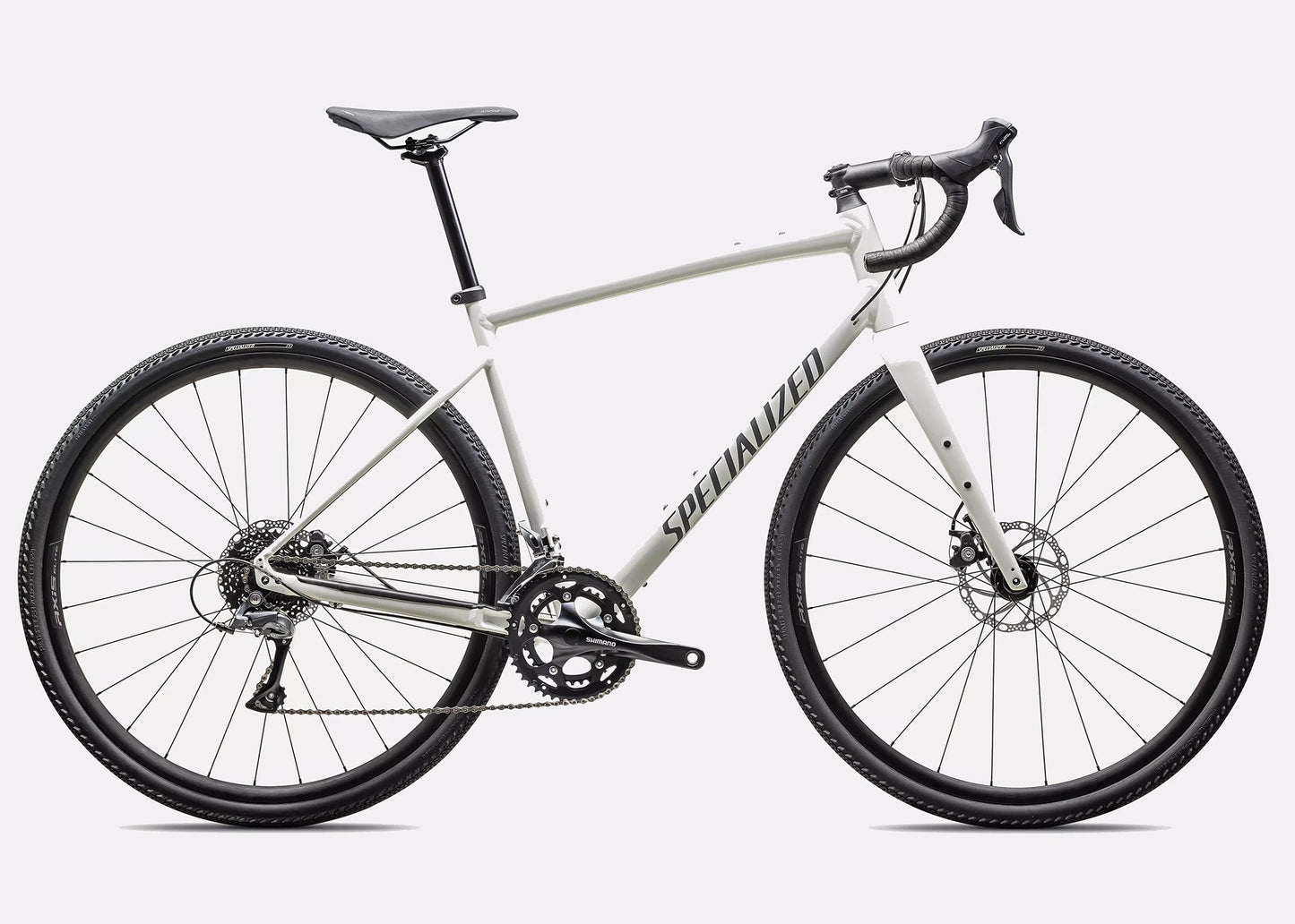 Specialized Diverge E5 alloy gravel bike Dune White Ash Grey side profile with Shimano drivetrain and drop bars