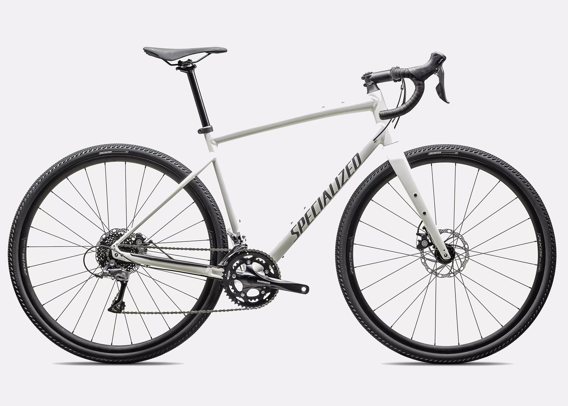 Specialized Diverge E5 alloy gravel bike Dune White Ash Grey side profile with Shimano drivetrain and drop bars