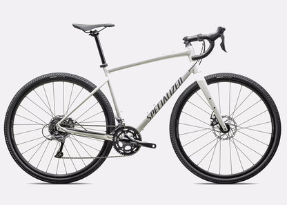 Specialized Diverge E5 alloy gravel bike Dune White Ash Grey side profile with Shimano drivetrain and drop bars