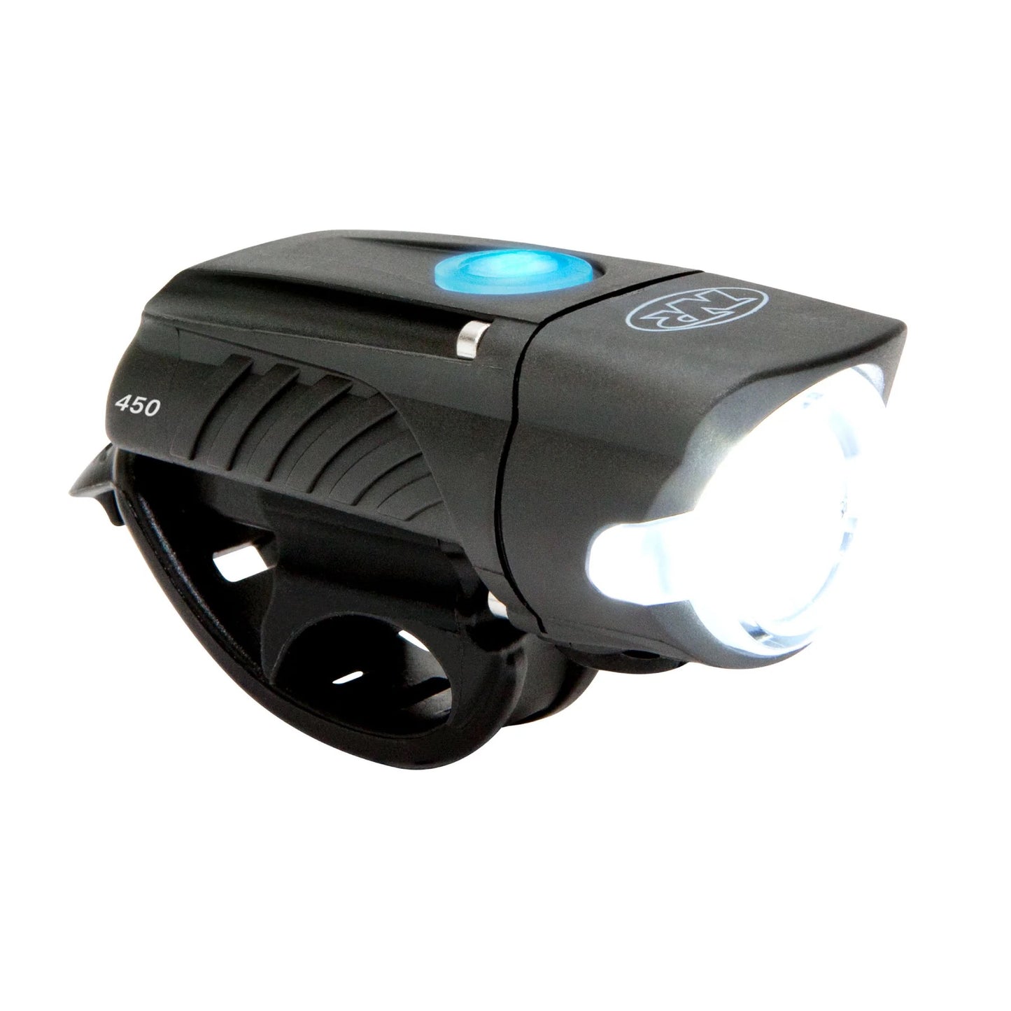 NiteRider Swift 450 bike headlight illuminated
