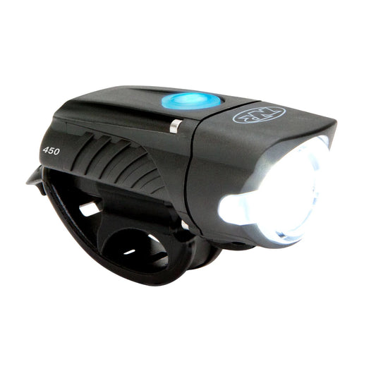 NiteRider Swift 450 bike headlight illuminated
