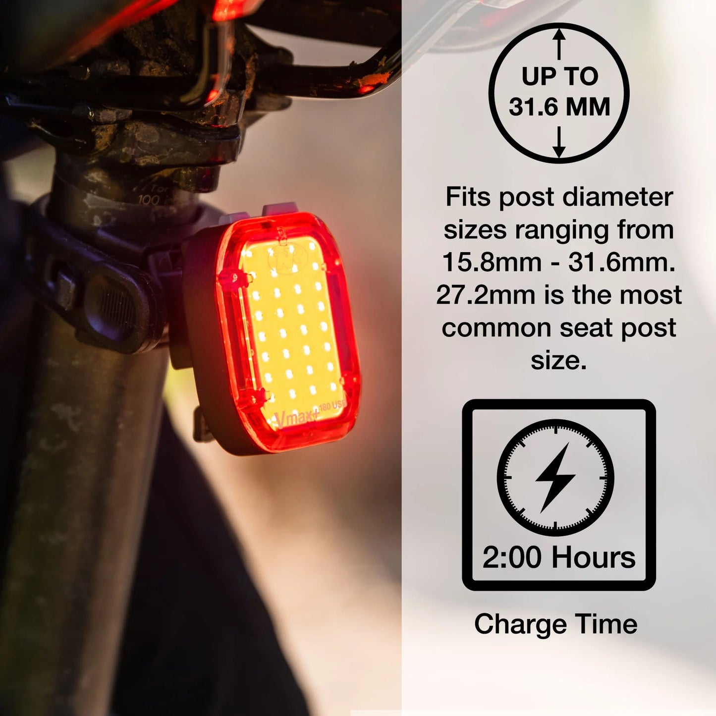 nite rider VMAX +180 Bicycle tail light mounted on seat post with sizing and charging specifications 