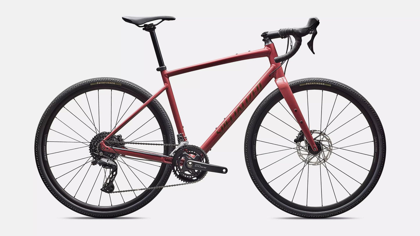 Specialized Diverge E5 alloy gravel bike Spice side profile with Shimano drivetrain and Pathfinder tires